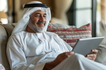 A happy Arabian middle-aged man is using a digital tablet while relaxing on the couch at home. The mature male user holds the tablet computer, sitting on the sofa in the living room and looking away. There is copy space available.の素材