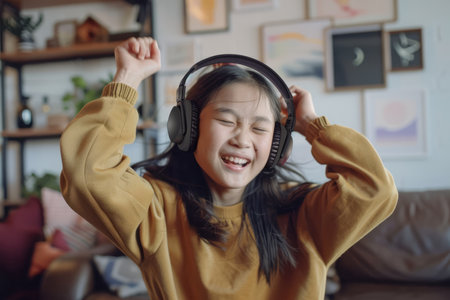 A cheerful and playful Asian teen girl, representative of Gen Z hipster culture, wears headphones as she dances at home. She's immersed in the music playing on her mobile phone, feeling funky and having fun in the living room. The authentic shot captures her genuine joy and energy as she moves to the rhythm.の素材
