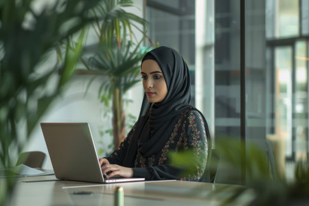 A confident Arabian businesswoman types on her laptop in a contemporary office setting, exemplifying determination and focus.の素材