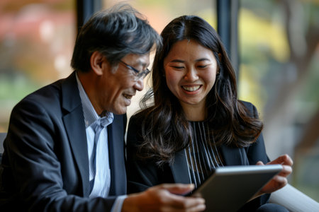 A happy business duo consisting of an Indian woman and a Japanese man, actively working with a digital tablet to discuss financial market data during a corporate office meeting.の素材