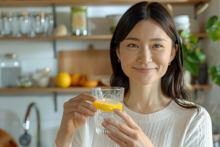 A content Japanese woman holds a glass of pure water with lemon in her kitchen, advocating for the healthy habit of monitoring hydration and water balance for a better lifestyle. Selective focus.の素材