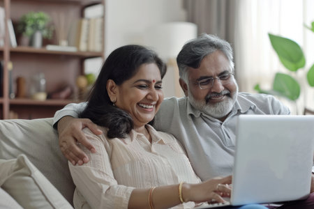 A happy Indian middle-aged couple is using a laptop together while relaxing on the couch at home. The smiling mature man and woman focus on the computer screen, watching a video, browsing, or shopping in an ecommerce store while seated on the sofa in the living room.の素材