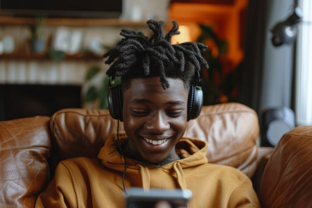 A happy and funny African American teen guy, representative of Gen Z hipster culture, wears headphones as he dances at home. He's immersed in the music playing on his mobile phone, feeling funky and having fun in the living room. The authentic shot captures his genuine joy and energy as he moves to the rhythm.の素材
