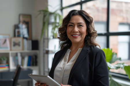 A smiling Latino mature businesswoman executive, a content 40-year-old company HR, confidently holds a digital tablet and looks at the camera while standing in her office at work. Portrait.の素材