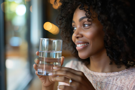 An African American woman holds a glass of clear water, smiling as she looks into the distance, enjoying her healthy morning routine. She drinks still and mineral water to start her new day, depicted in a close-up shot. This image embodies lifestyle, beauty skin, and healthcare.の素材