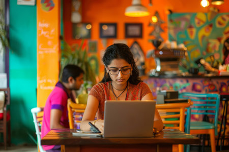 An Indian woman engrossed in her laptop work at a vibrant cafe, illustrating the convenience and adaptability of remote work culture.の素材