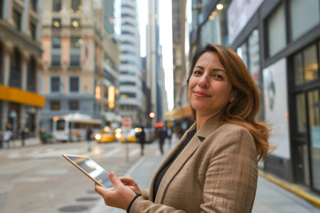 As she stands in the midst of the busy office city street, the middle-aged Hispanic businesswoman investor exudes confidence, her digital tablet in hand serving as a tool for envisioning future success, her determination unwavering as she charts her course towards prosperity.の素材