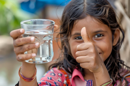An Indian girl drinks water from a glass and gives a thumbs-up gesture, expressing satisfaction or approval.の素材