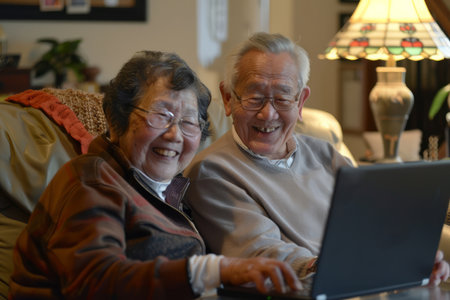 With smiles lighting up their faces, an elderly couple enjoys a blissful moment together at home, each immersed in their laptop, exemplifying their mutual delight in technology and togetherness in their golden years.の素材