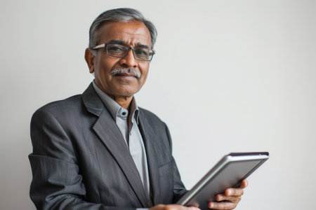 Happy mature Indian businessman using a digital tablet, isolated on a white background. A middle-aged CEO executive in a suit, an older male professional entrepreneur, looking at the camera.の素材