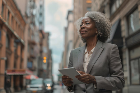 The middle-aged Black businesswoman investor, dressed in a sharp suit, confidently holds a digital tablet while standing amidst the bustling city street, her gaze drifting towards the horizon as she envisions the future success of her investments, a smile of satisfaction playing on her lips.の素材