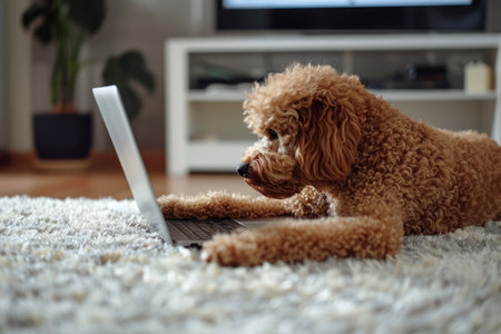 Engaged fluffy Poodle lying on the floor in the living room and examining a wireless laptop screen. Adorable cute big dog intrigued by the modern gadget left at home by the owner.の素材