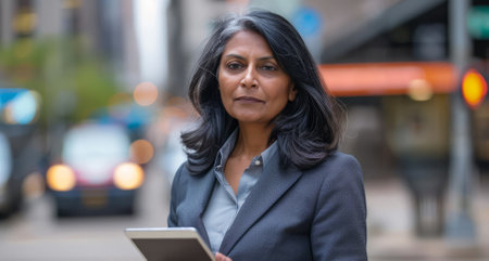 Dressed in a sleek suit, the mature professional businesswoman leader, an Indian, engages with her digital tablet on the bustling office city street, her focus directed towards the horizon as she contemplates the path to future success, her demeanor reflecting a blend of confidence and determination.の素材