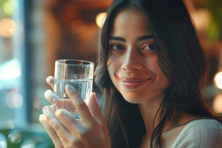A stunning Hispanic woman holds a glass of clear water, smiling as she looks into the distance, enjoying her healthy morning routine. She drinks still and mineral water to start her new day, depicted in a close-up shot. This image embodies lifestyle, beauty skin, and healthcare.の素材