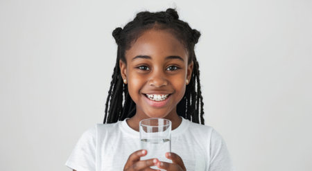 A Black girl smiles and holds a glass of water in her hands against a white background.の素材