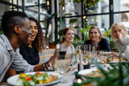 A young business team, comprised of diverse individuals from various backgrounds, is having a good time during a lunch break in the company building. They enjoy each other's company, fostering a sense of camaraderie and teamwork within the company.の素材