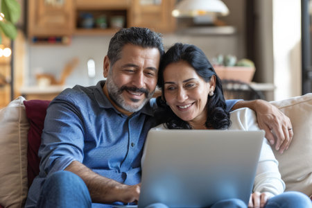 A happy Latino middle-aged couple is using a laptop together while relaxing on the couch at home. The smiling mature man and woman gaze at the computer screen, watching a video, browsing, or shopping in an ecommerce store while seated on the sofa in the living room.の素材
