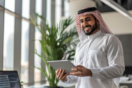 A smiling, busy young Arabian business man entrepreneur is standing in his office at work, using a tablet. The happy male professional executive manager is using the tablet computer to manage financial, banking, or marketing data.の素材