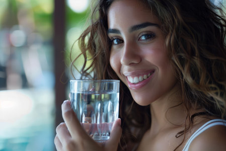 A stunning Hispanic woman holds a glass of clear water, smiling as she looks into the distance, enjoying her healthy morning routine. She drinks still and mineral water to start her new day, depicted in a close-up shot. This image embodies lifestyle, beauty skin, and healthcare.の素材