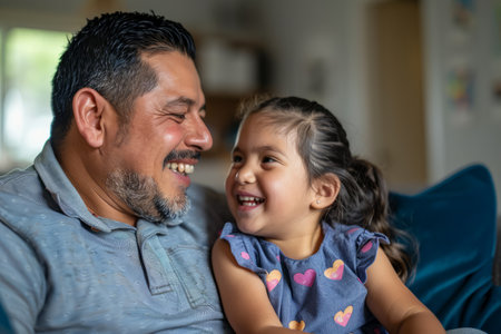 At their residence, a father in his thirties of Hispanic descent sits alongside his daughter, indulging in a captivating video from an online children's channel. Together, they enjoy their shared leisure, exchanging laughter and enthusiasm. The father's countenance radiates with affection and satisfaction, while his daughter remains wholly absorbed in the video's content.の素材