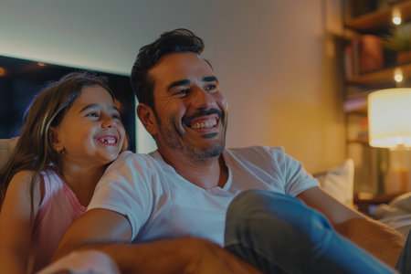 A cheerful Hispanic father in his 30s sits with his daughter at home, watching an interesting video on a kids' channel online. They enjoy their leisure time together, sharing laughter and excitement. The father's expression is filled with warmth and pride, while the daughter is fully engaged in the video.の素材