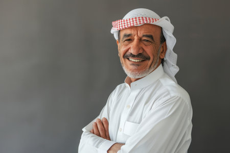 A content Arabian businessman in his mid-forties gazes towards available space. This cheerful and self-assured fifty-year-old seasoned professional, holding titles such as businessman, executive, CEO, manager, or entrepreneur, stands confidently against a backdrop of a gray office wall.の素材