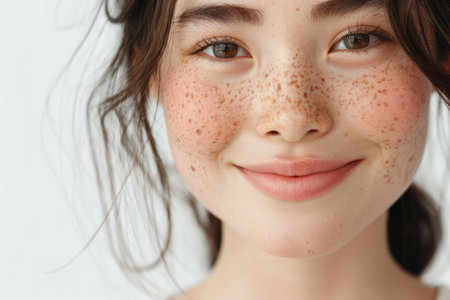 A smiling brunette Japanese girl, a happy pretty young adult woman with freckles on her face, gazes at the camera against a white background. The emphasis is on skincare, hair care cosmetics for youthful skin, presenting a beauty close-up portrait.の素材