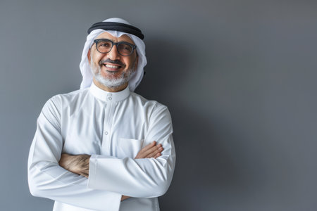 A content Arabian businessman in his mid-forties gazes towards available space. This cheerful and self-assured fifty-year-old seasoned professional, holding titles such as businessman, executive, CEO, manager, or entrepreneur, stands confidently against a backdrop of a gray office wall.の素材