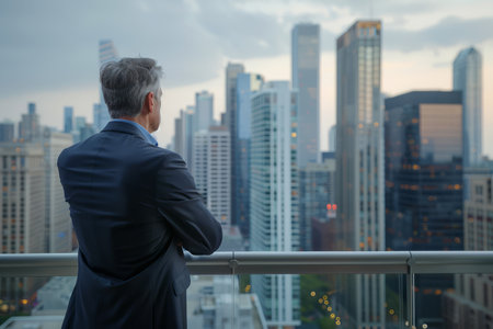 Amidst the hustle and bustle of the business city, the middle-aged business man, a seasoned CEO executive, stands confidently with arms crossed, his gaze fixed on the distant skyline, envisioning the fulfillment of his dreams and the realization of future success.の素材