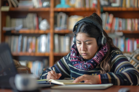 A Latina woman, wearing a headset, is focused on taking notes during a video call, showcasing her dedication to the task at hand.の素材