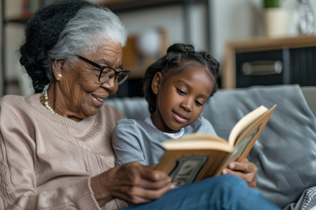 An elderly African American grandmother and her granddaughter are happily reading a book together, enjoying a moment of learning and education as they bond as a family.の素材