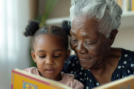 African American grandmother and her granddaughter are joyfully immersed in a book, enjoying a moment of shared learning and familial connection.の素材