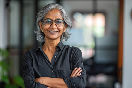 A smiling, happy, and confident Indian old mature professional business woman, a corporate leader and senior middle-aged female executive, stands in her office with arms crossed, projecting confidence as she looks at the camera for a portrait.の素材
