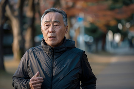An elderly Japanese man is jogging for exercise, but he begins to feel discomfort in his chest, suggesting a heart attack may be occurring.の素材