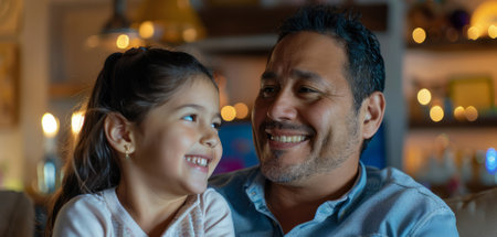A cheerful Hispanic father in his 30s sits with his daughter at home, watching an interesting video on a kids' channel online. They enjoy their leisure time together, sharing laughter and excitement. The father's expression is filled with warmth and pride, while the daughter is fully engaged in the video.の素材