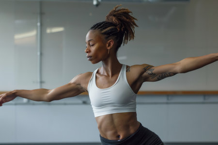 A confident young African American woman dances gracefully, finding her flow in a studio. Her movements are fluid and expressive, reflecting her passion for dance. With each step, she exudes confidence and joy, fully immersed in the music and the moment.の素材