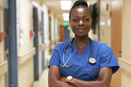 A confident African American nurse poses in the hospital corridor, symbolizing dedication and expertise in healthcare.の素材