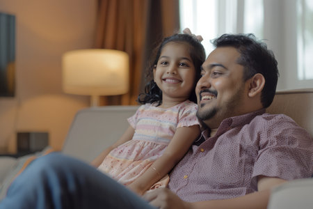 A delighted Indian father in his 30s sits with his daughter at home, watching an interesting video on a kids' channel online. They bond over the shared experience, enjoying their leisure time together. The father's smile conveys joy and contentment, while the daughter is enthralled by the content on the screen.の素材