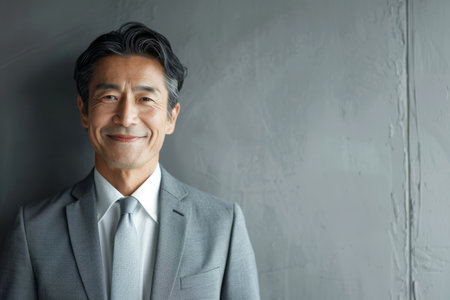 A happy middle-aged Japanese business man is looking away at copy space. The smiling, confident 50-year-old mature professional businessman, executive, CEO, manager, or entrepreneur stands against a gray office wall background.の素材