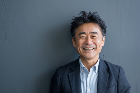 A happy middle-aged Japanese business man is looking away at copy space. The smiling, confident 50-year-old mature professional businessman, executive, CEO, manager, or entrepreneur stands against a gray office wall background.の素材