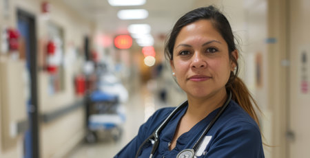 A Latino nurse stands proudly in the hospital corridor, showing commitment and skill in healthcare.の素材