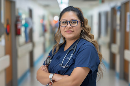 A Latino nurse stands proudly in the hospital corridor, showing commitment and skill in healthcare.の素材
