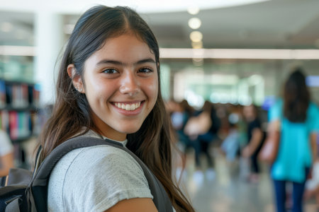 A smiling cute pretty Hispanic girl, a positive female teenage high school student, stands in the modern university or college campus library holding her backpack and looking at the camera. This portrait showcases her dedication to academics and her inquisitive nature.の素材