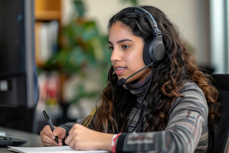 A Hispanic woman, with a headset on, is seen writing notes attentively during a video call, highlighting her commitment to the conversation.の素材