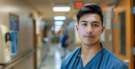 A young male nurse stands in the hospital corridor, demonstrating professionalism and compassion in healthcare.の素材
