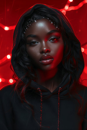 A shot of a beautiful Black woman wearing a black hoodie with scruff and buzzed hair, neon lights, red and bronze, romantic compositions, dynamic and intense, handsomeの素材