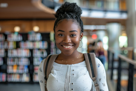 A smiling cute pretty African American girl, a positive female teenage high school student, stands in the modern university or college campus library holding her backpack and looking at the camera. The portrait captures her vibrant energy and academic spirit.の素材