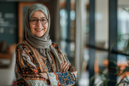 A smiling, happy, and confident Arabian old mature professional business woman, a corporate leader and senior middle-aged female executive, stands in her office with arms crossed, exuding confidence as she gazes at the camera for a portrait.の素材