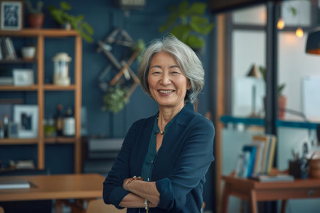 A smiling, happy, and confident Japanese old mature professional business woman, a corporate leader and senior middle-aged female executive, stands in her office with arms crossed, posing for a portrait while looking at the camera.の素材
