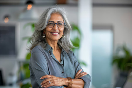 A smiling, happy, and confident Indian old mature professional business woman, a corporate leader and senior middle-aged female executive, stands in her office with arms crossed, projecting confidence as she looks at the camera for a portrait.の素材